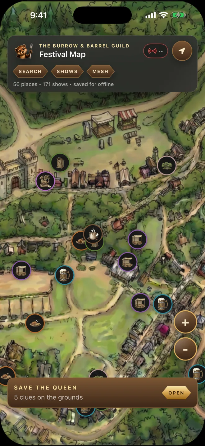 RenMap festival map showing places, offline status, map controls, and the Save the Queen quest