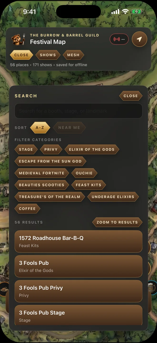 RenMap search screen with category filters and festival place results