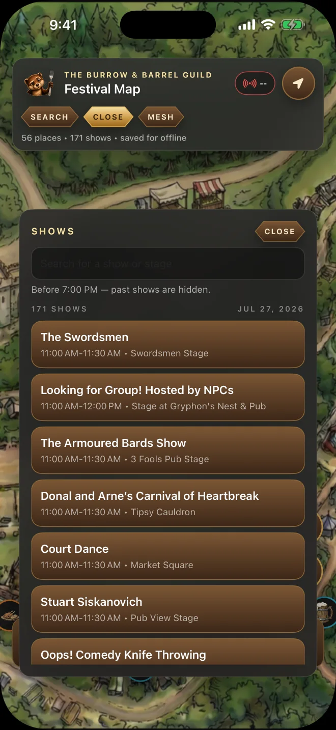 RenMap show schedule with performances, stages, and times