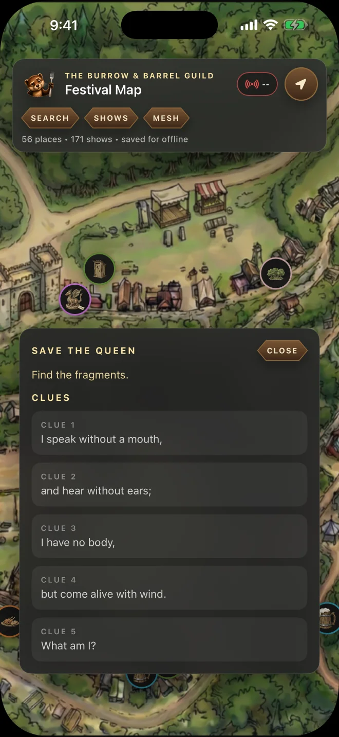 RenMap Save the Queen location quest showing a riddle and progress