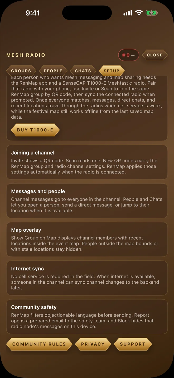 RenMap Mesh setup explaining compatible hardware, offline messaging, and community safety